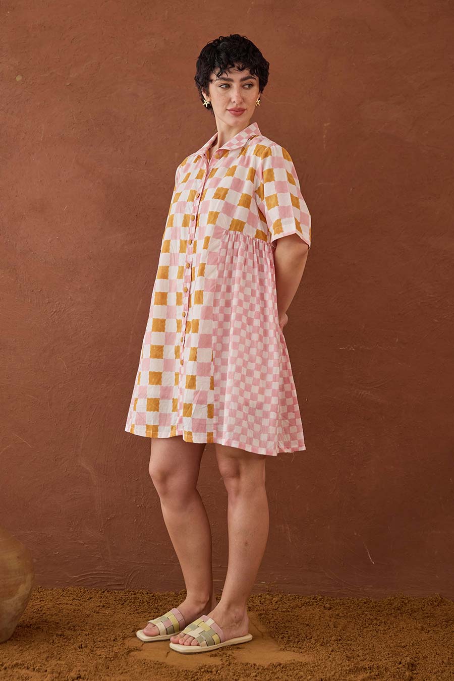 Bubblegum Handblock Print Cotton Shirt Dress