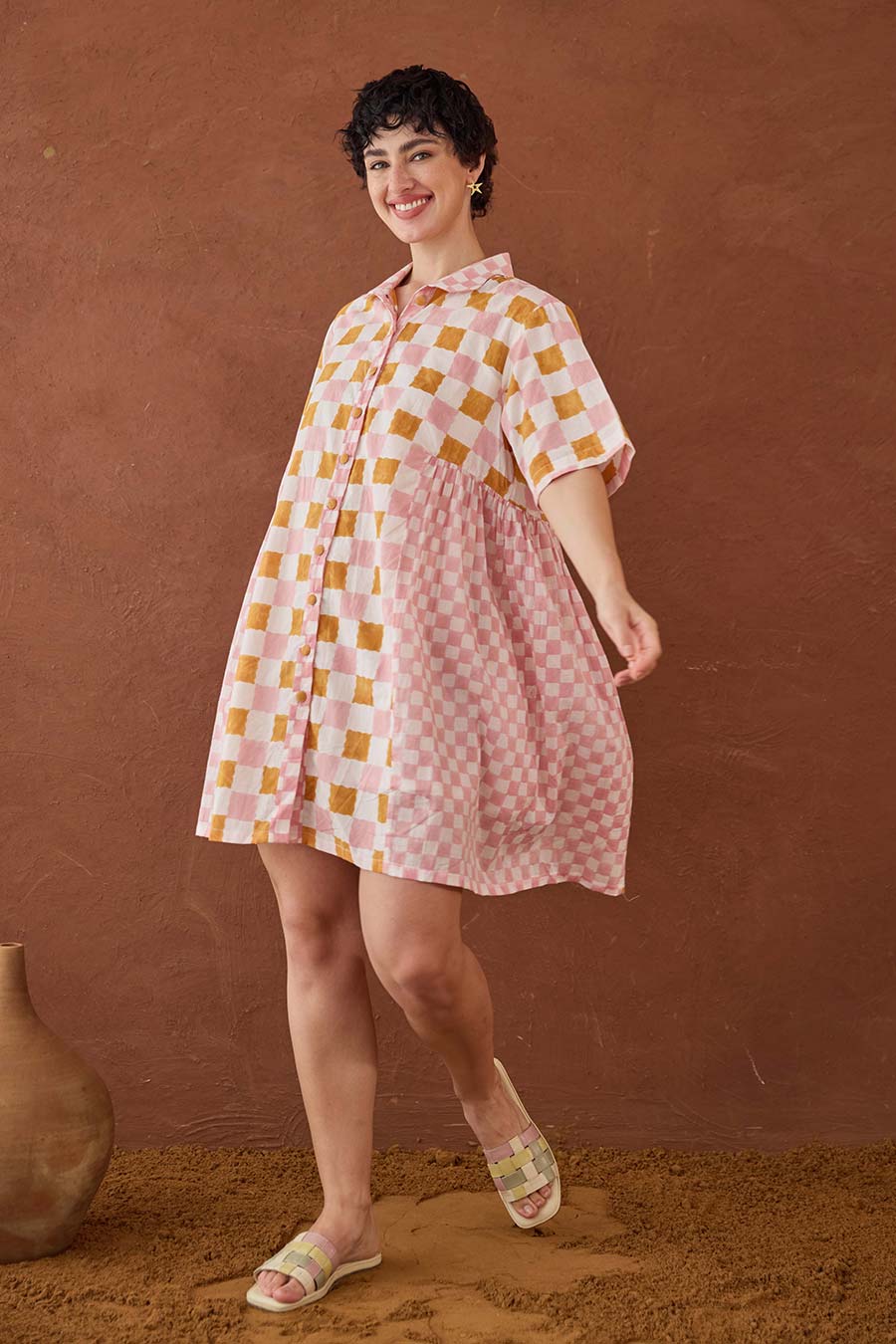 Bubblegum Handblock Print Cotton Shirt Dress