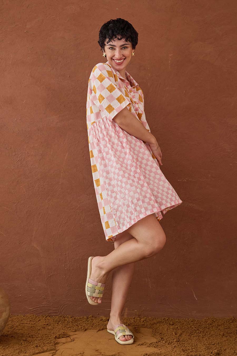 Bubblegum Handblock Print Cotton Shirt Dress