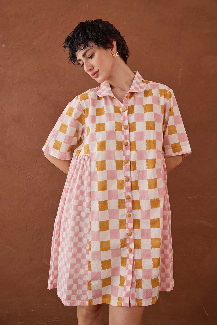 Bubblegum Handblock Print Cotton Shirt Dress