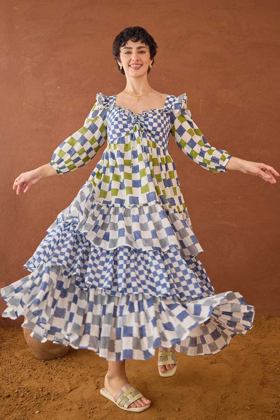 Azure Mosaic Handblock Print Cotton Dress