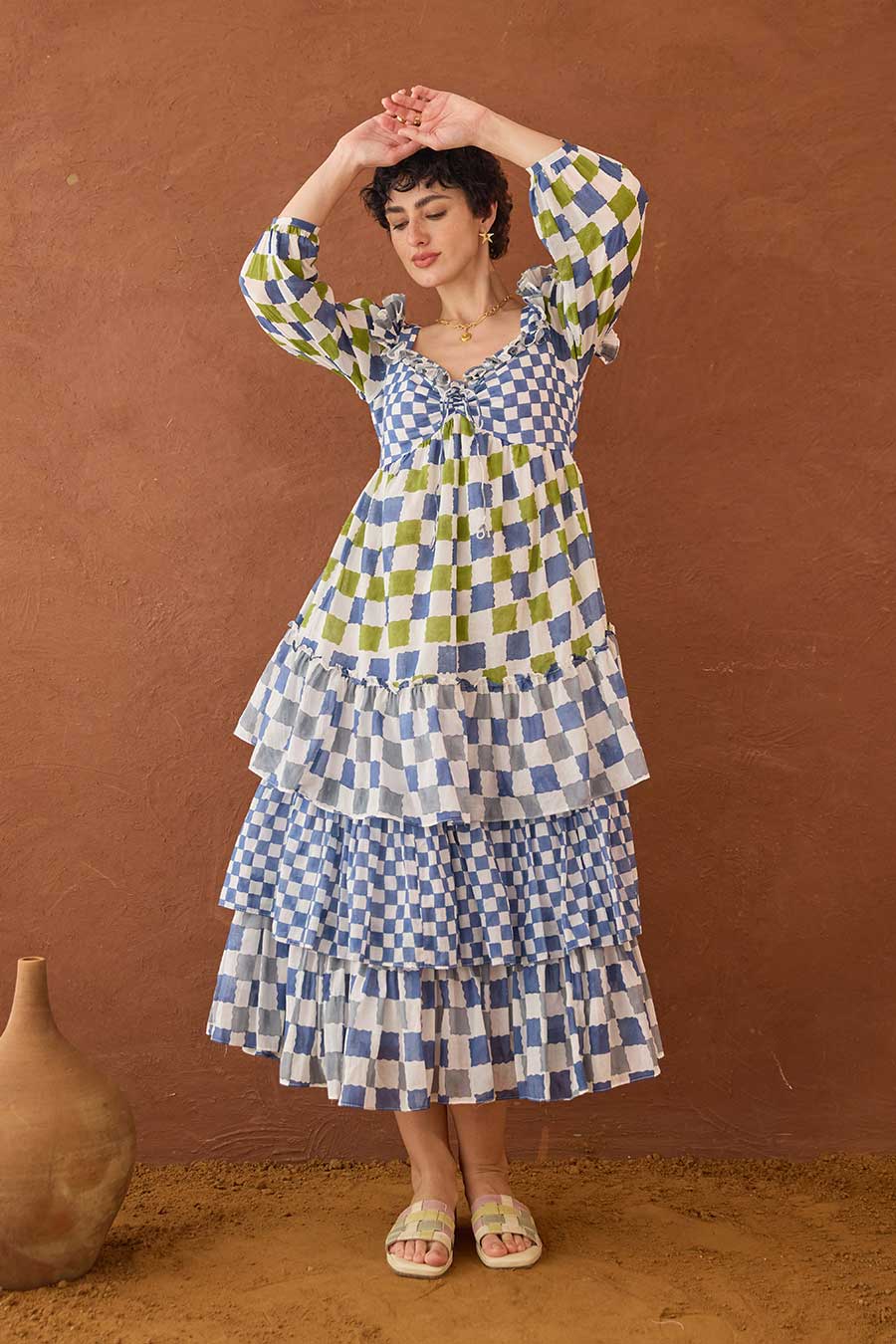 Azure Mosaic Handblock Print Cotton Dress