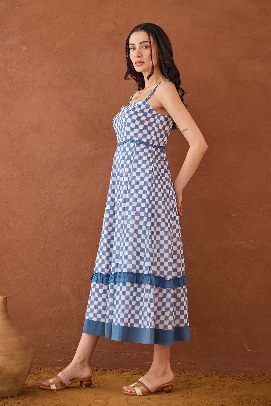 Gingham Sky Blue Handblock Checks Cotton Dress