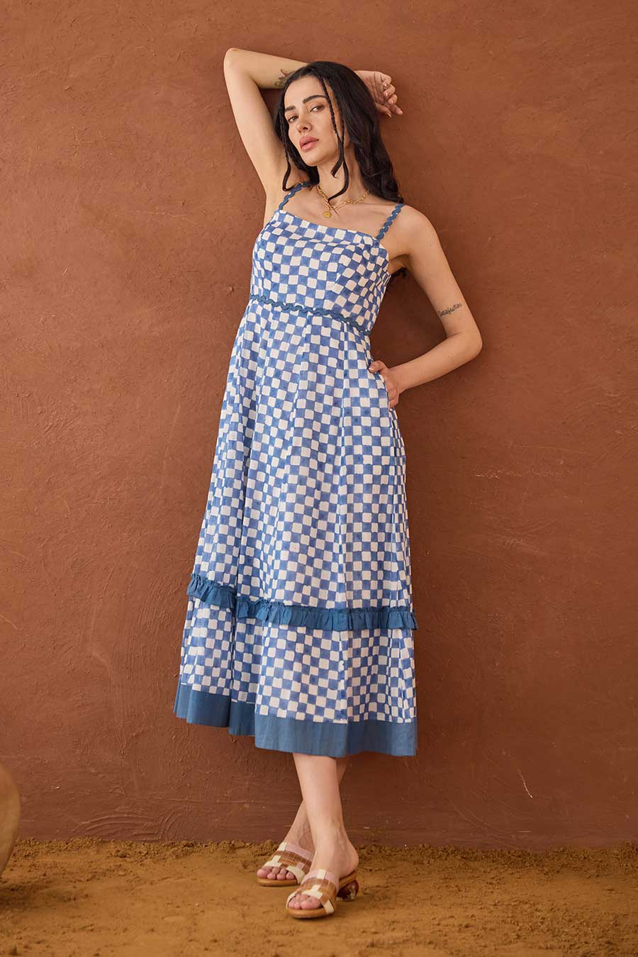 Gingham Sky Blue Handblock Checks Cotton Dress