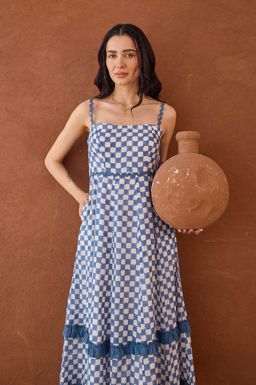 Gingham Sky Blue Handblock Checks Cotton Dress