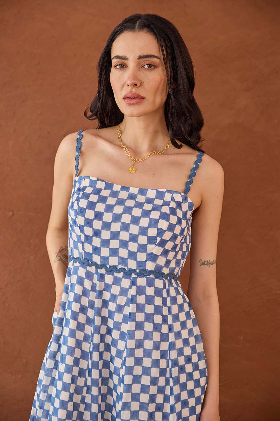 Gingham Sky Blue Handblock Checks Cotton Dress