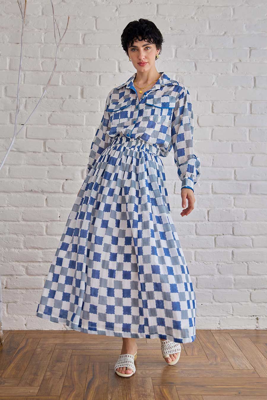 Blue Pixel Handblock Print Cotton Co-Ord Set