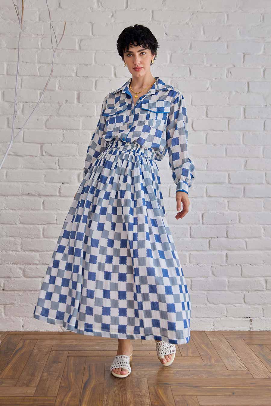 Blue Pixel Handblock Print Cotton Shirt