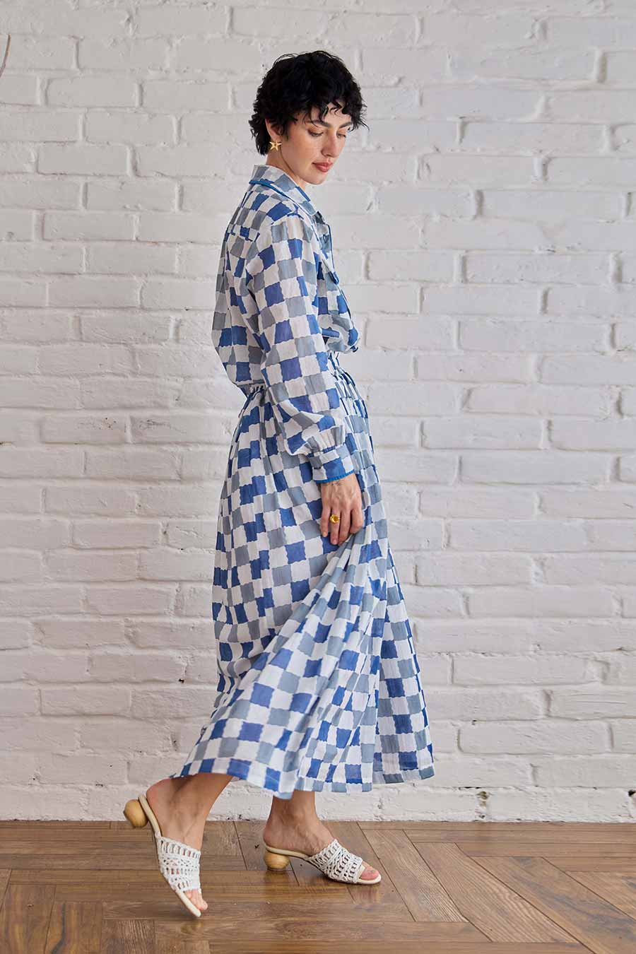 Blue Pixel Handblock Print Cotton Shirt