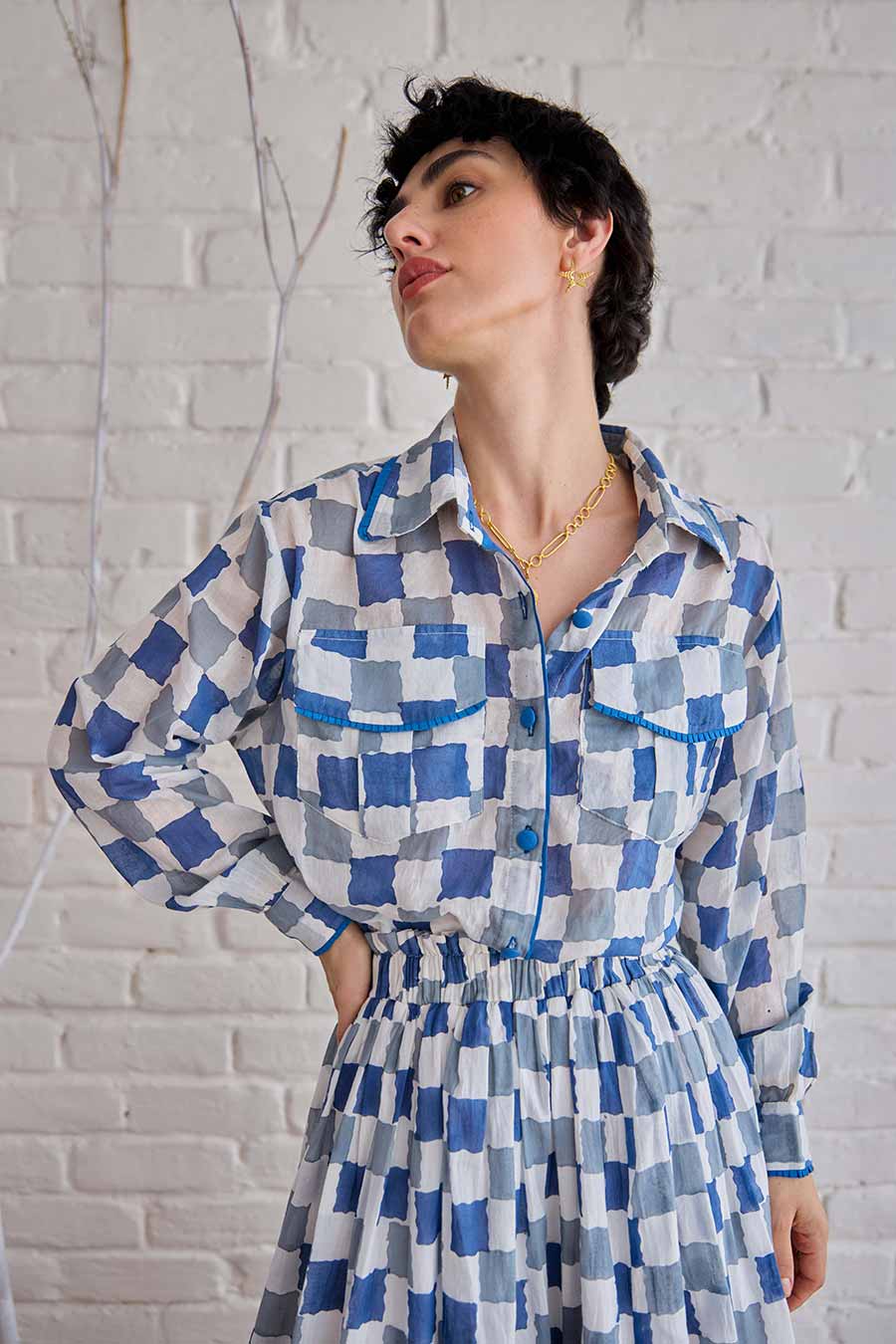 Blue Pixel Handblock Print Cotton Shirt