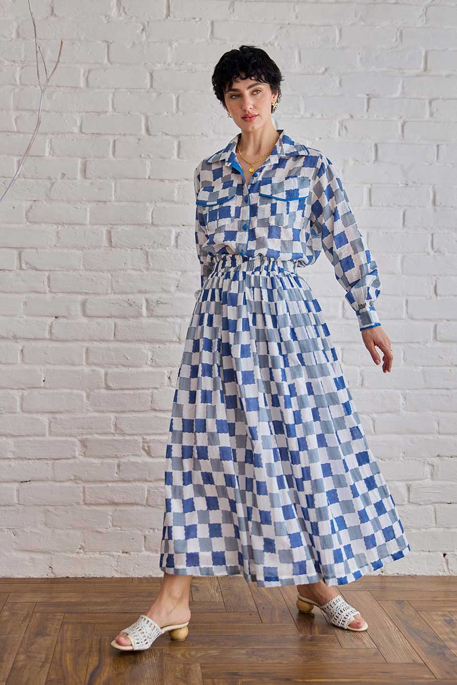 Blue Pixel Handblock Print Cotton Skirt