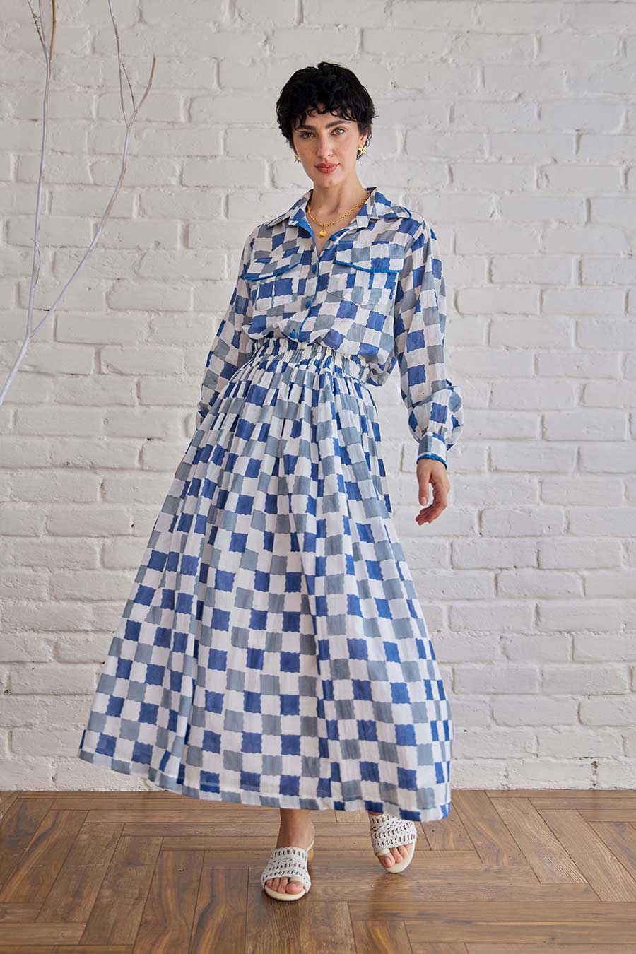 Blue Pixel Handblock Print Cotton Skirt