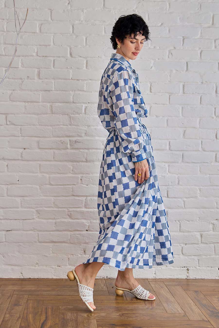 Blue Pixel Handblock Print Cotton Skirt