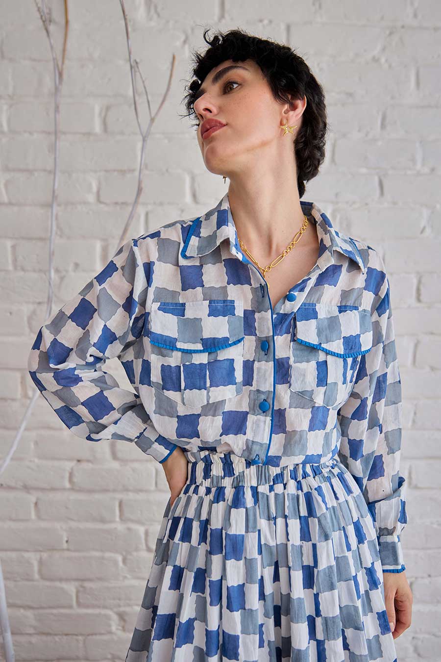 Blue Pixel Handblock Print Cotton Skirt