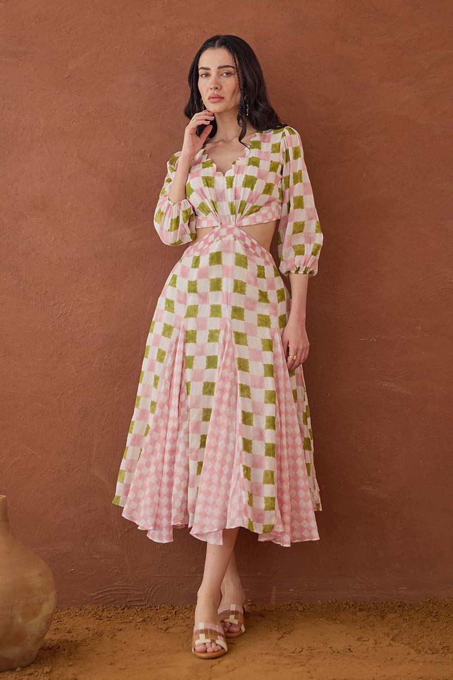 Gardenia Gingham Handblock Checks Cut-Out Dress