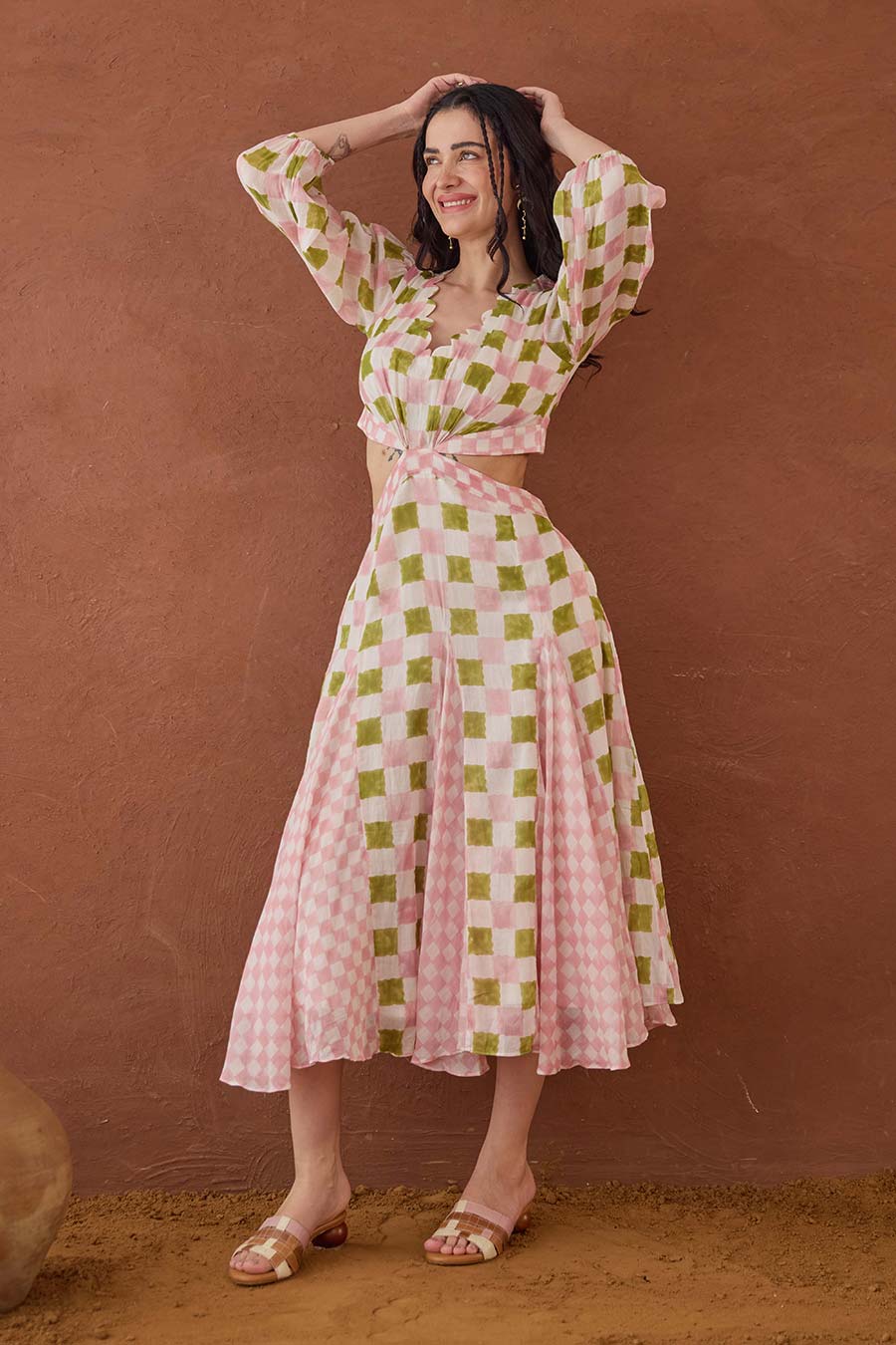 Gardenia Gingham Handblock Checks Cut-Out Dress