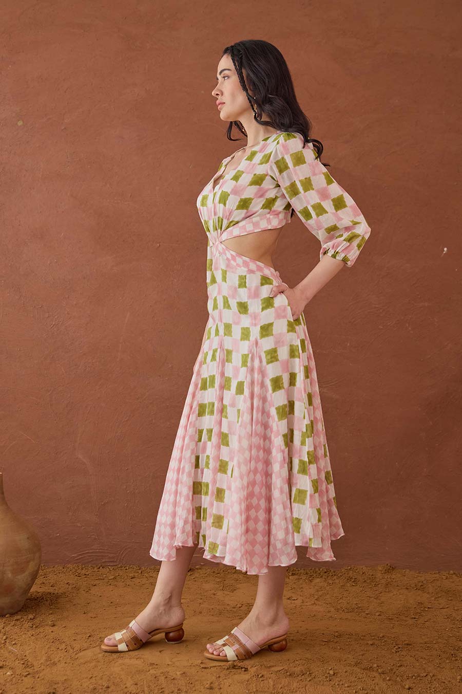 Gardenia Gingham Handblock Checks Cut-Out Dress