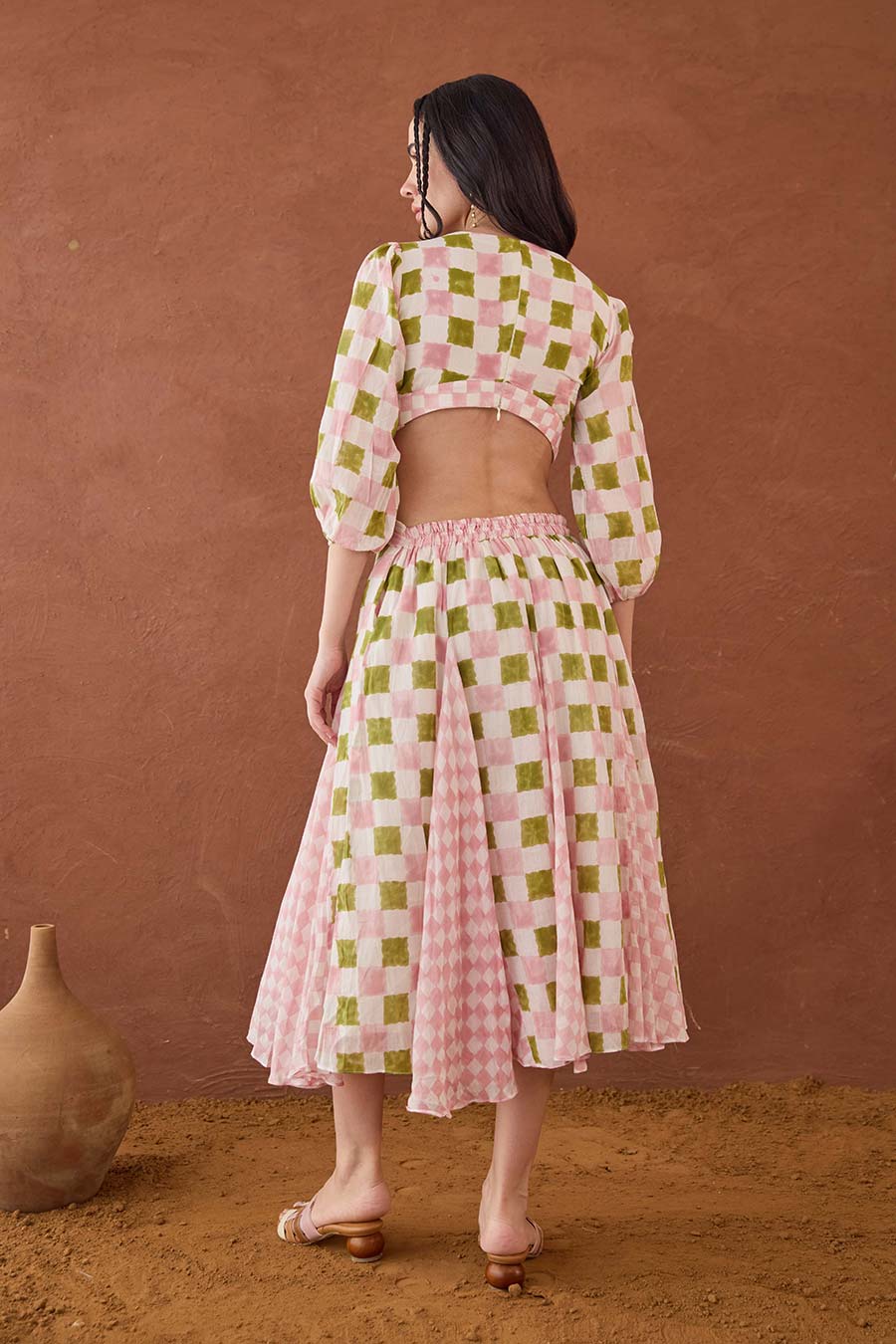 Gardenia Gingham Handblock Checks Cut-Out Dress