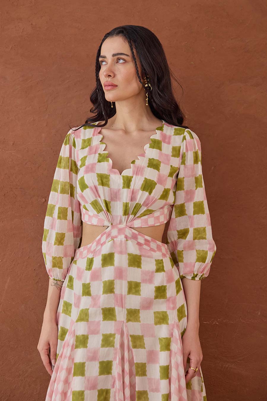 Gardenia Gingham Handblock Checks Cut-Out Dress