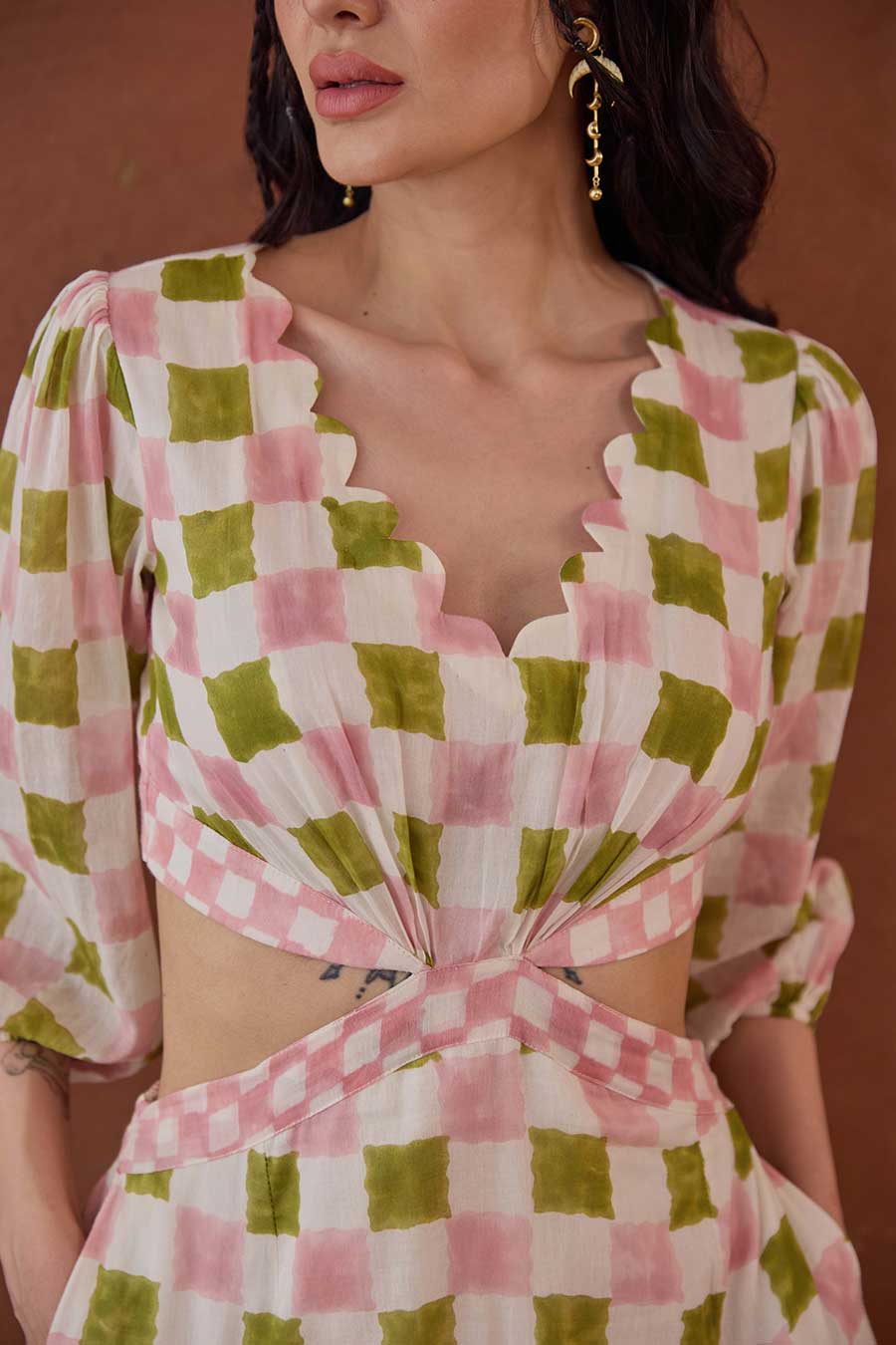 Gardenia Gingham Handblock Checks Cut-Out Dress