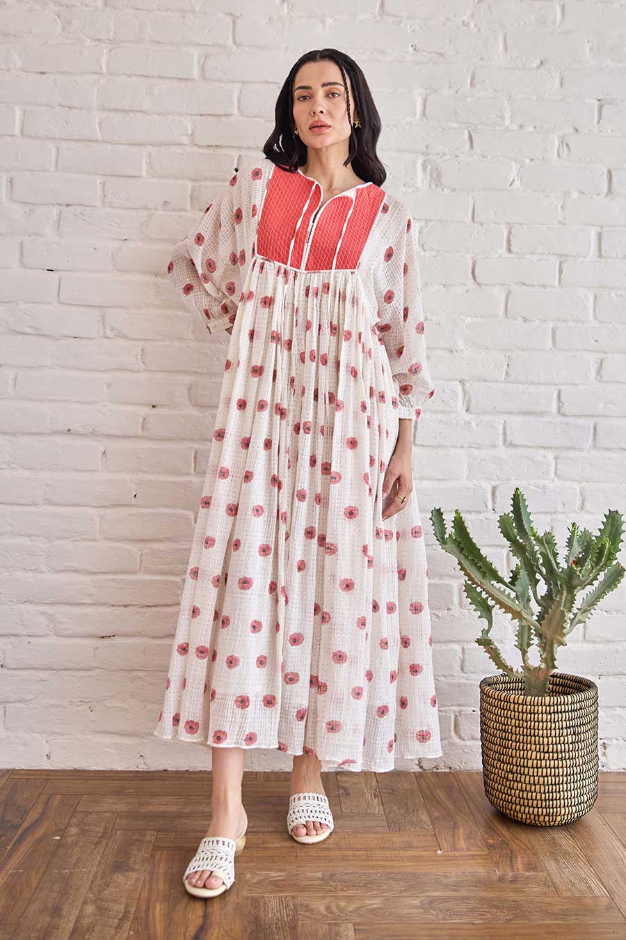 White & Red Roselle Handwoven Cotton Dress