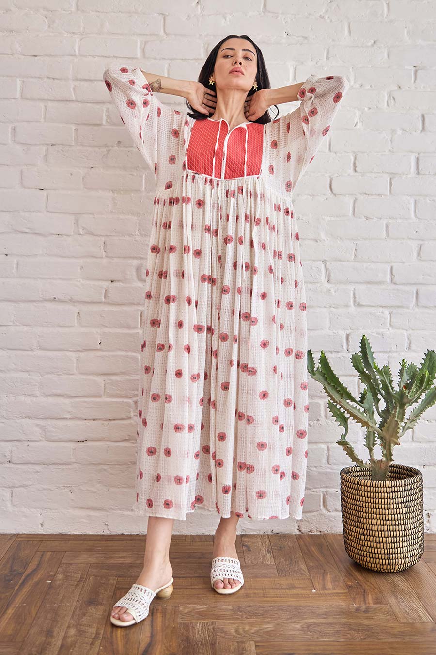 White & Red Roselle Handwoven Cotton Dress