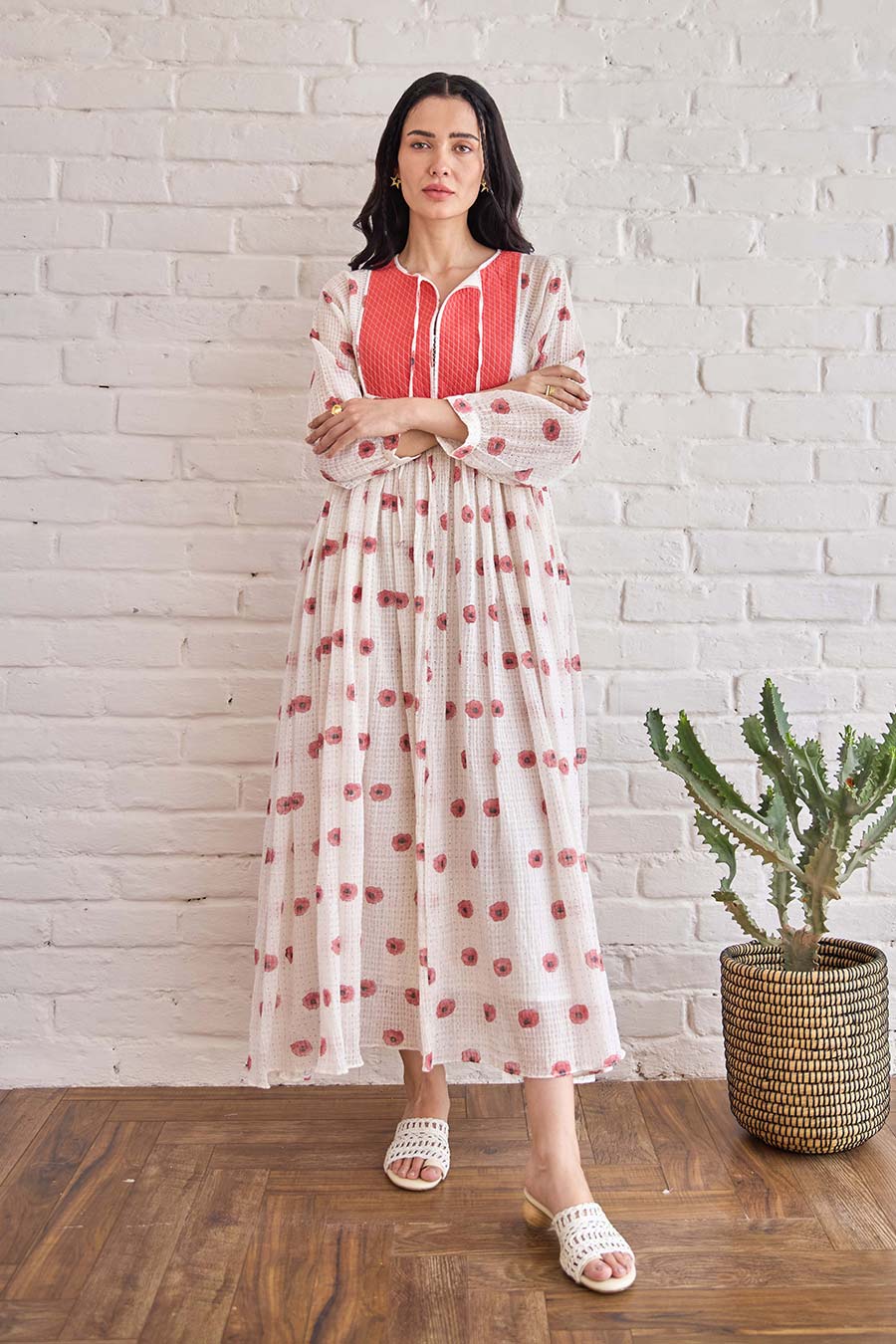 White & Red Roselle Handwoven Cotton Dress