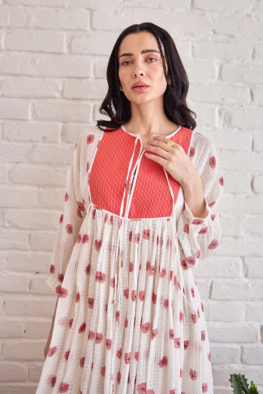 White & Red Roselle Handwoven Cotton Dress