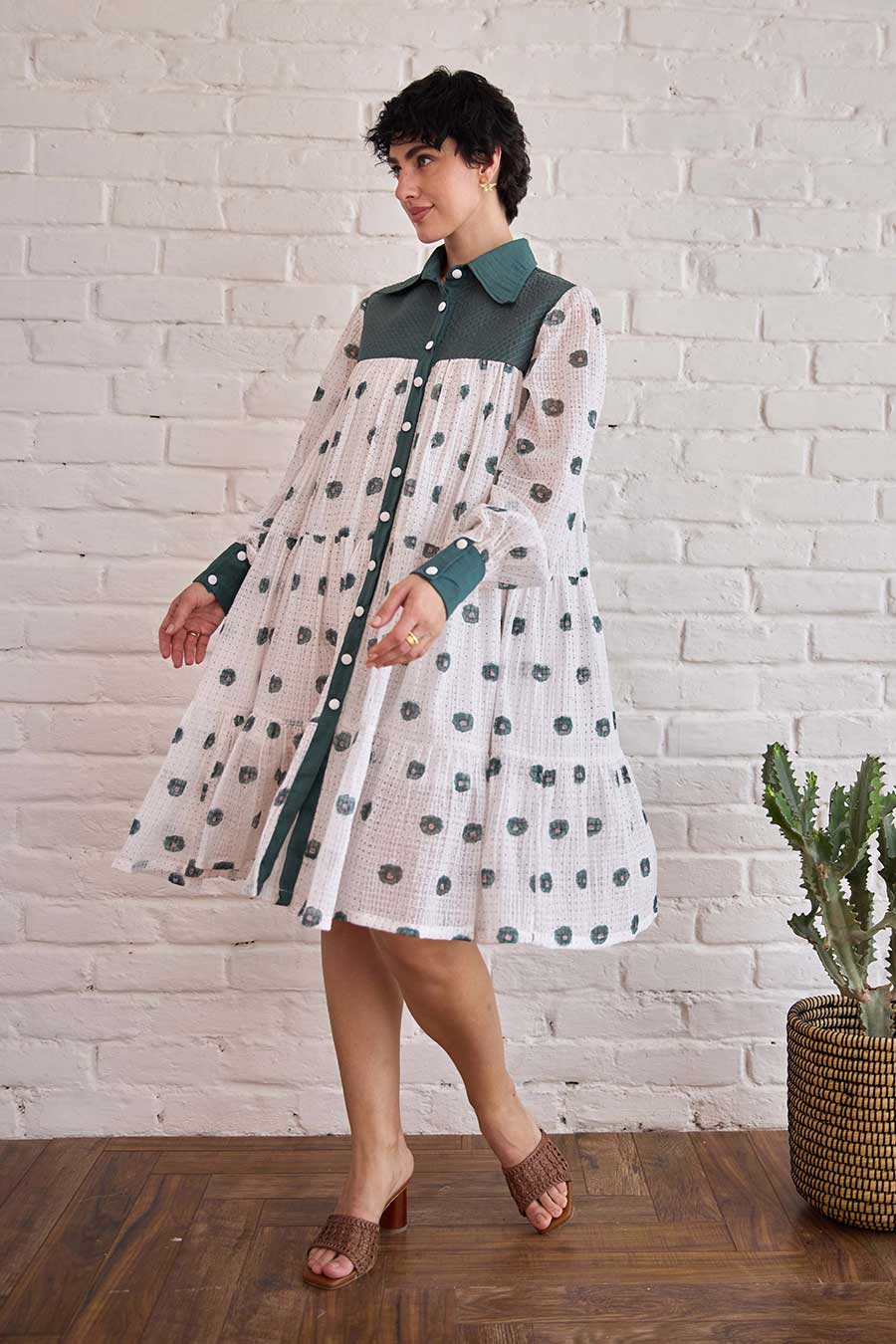 White & Green Forest Meadow Handwoven Cotton Dress