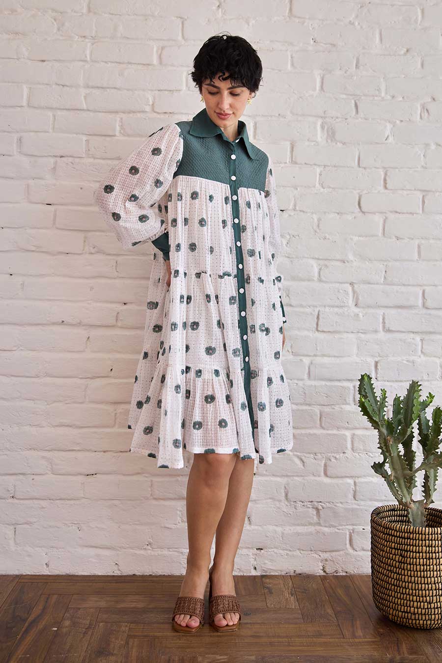 White & Green Forest Meadow Handwoven Cotton Dress