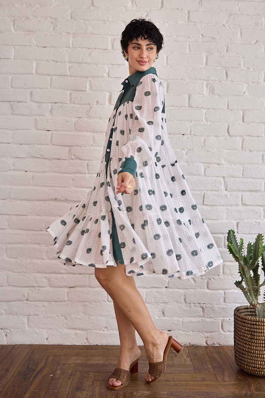 White & Green Forest Meadow Handwoven Cotton Dress