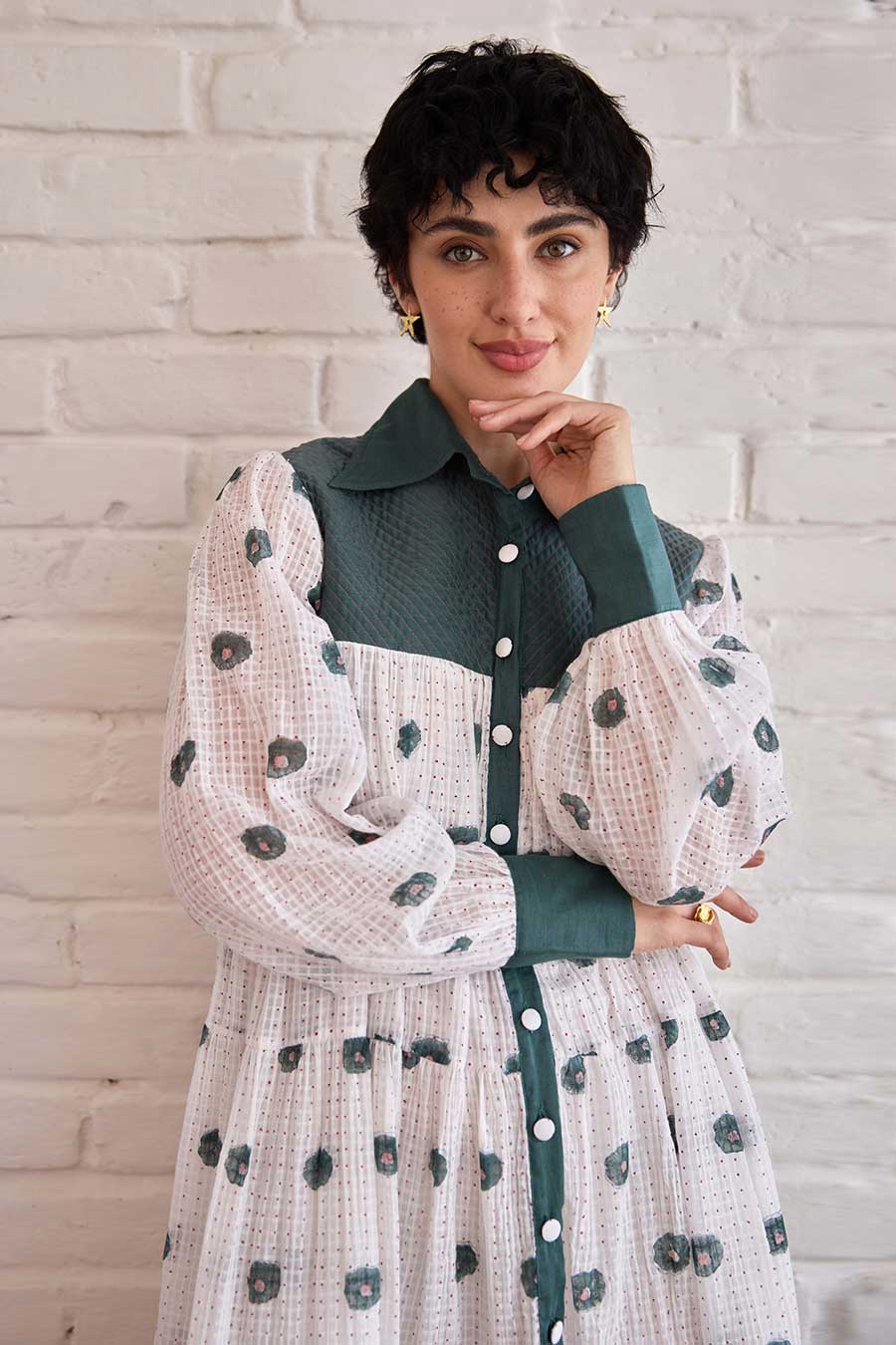 White & Green Forest Meadow Handwoven Cotton Dress