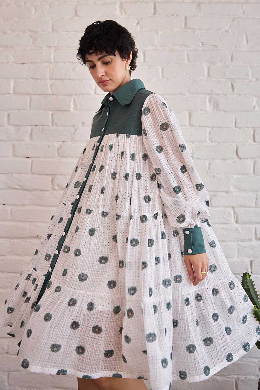 White & Green Forest Meadow Handwoven Cotton Dress
