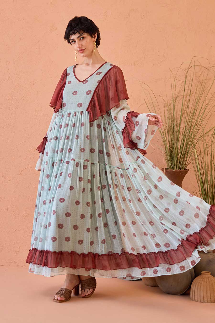 Green Wildflower Ruffles Handblock Chiffon Dress