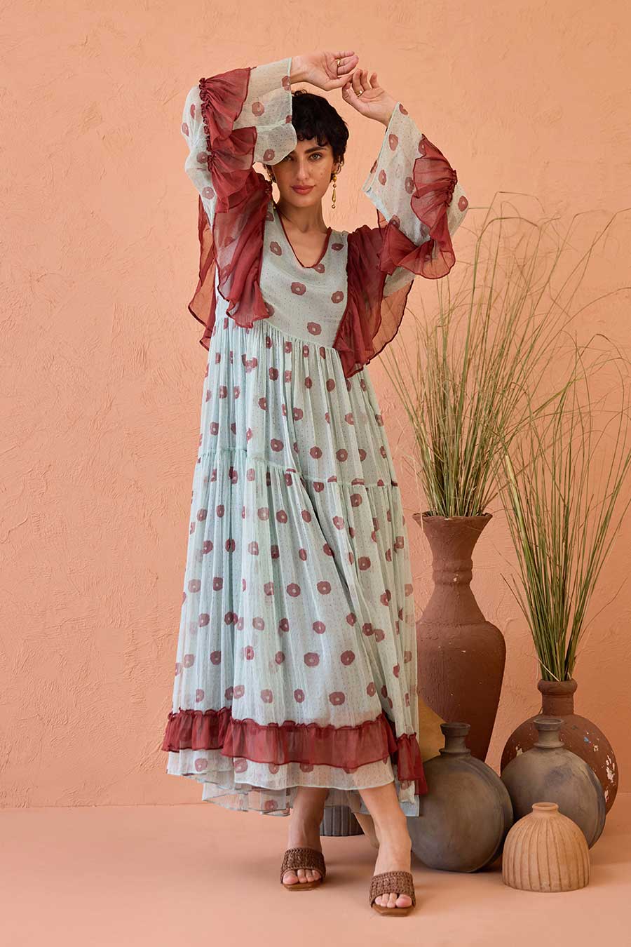 Green Wildflower Ruffles Handblock Chiffon Dress