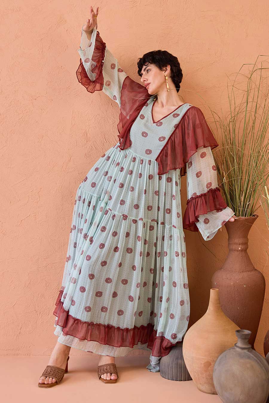Green Wildflower Ruffles Handblock Chiffon Dress