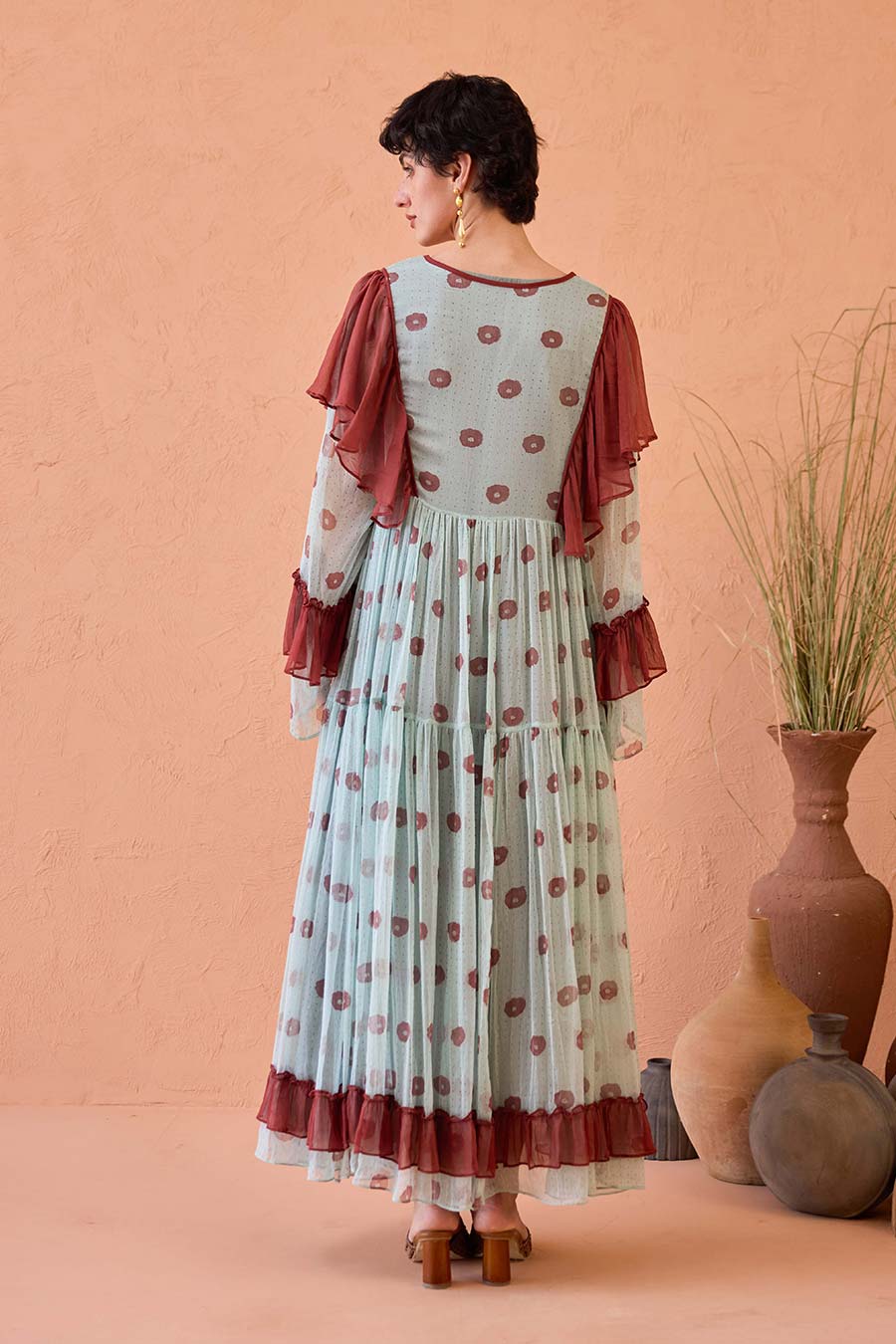 Green Wildflower Ruffles Handblock Chiffon Dress
