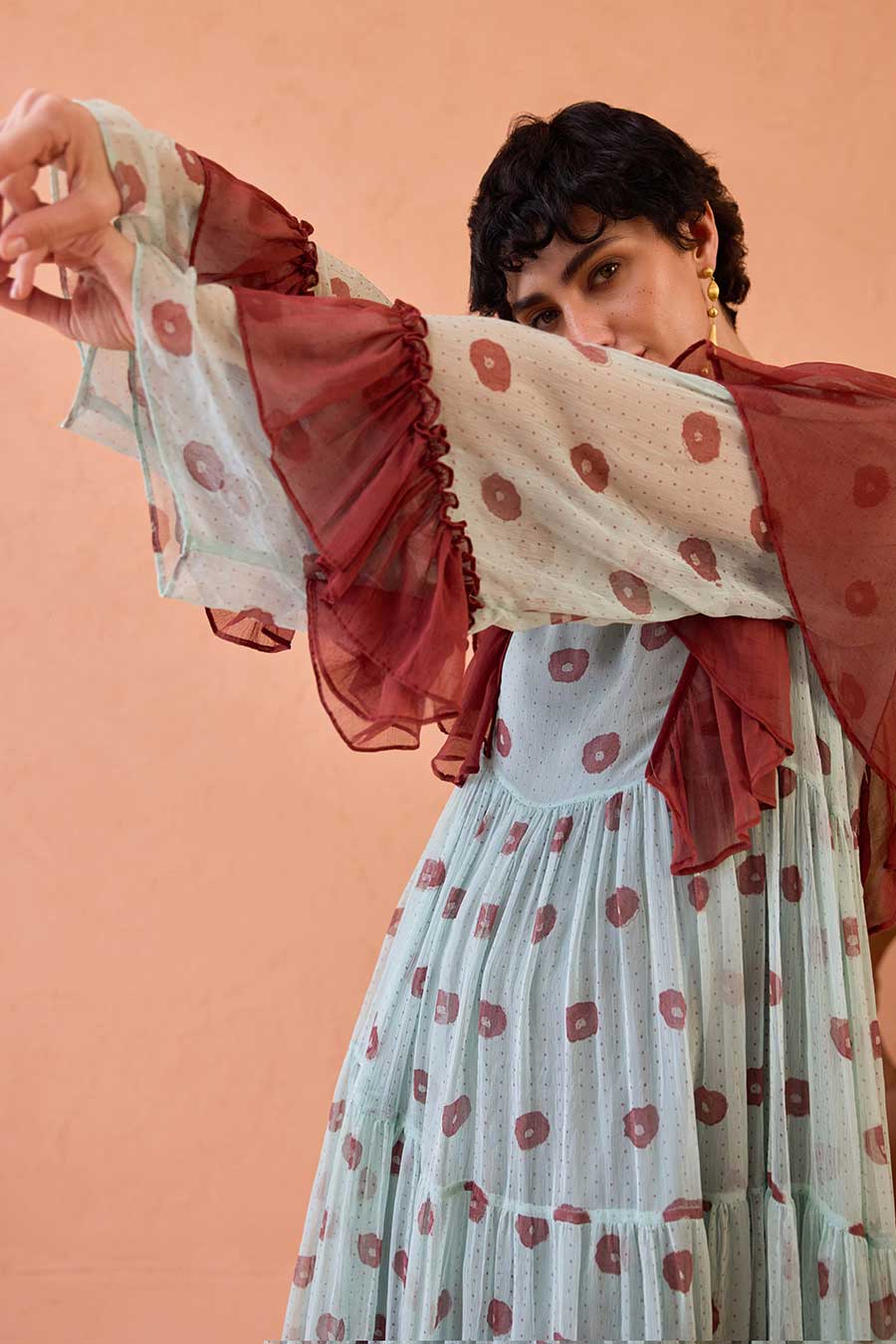 Green Wildflower Ruffles Handblock Chiffon Dress
