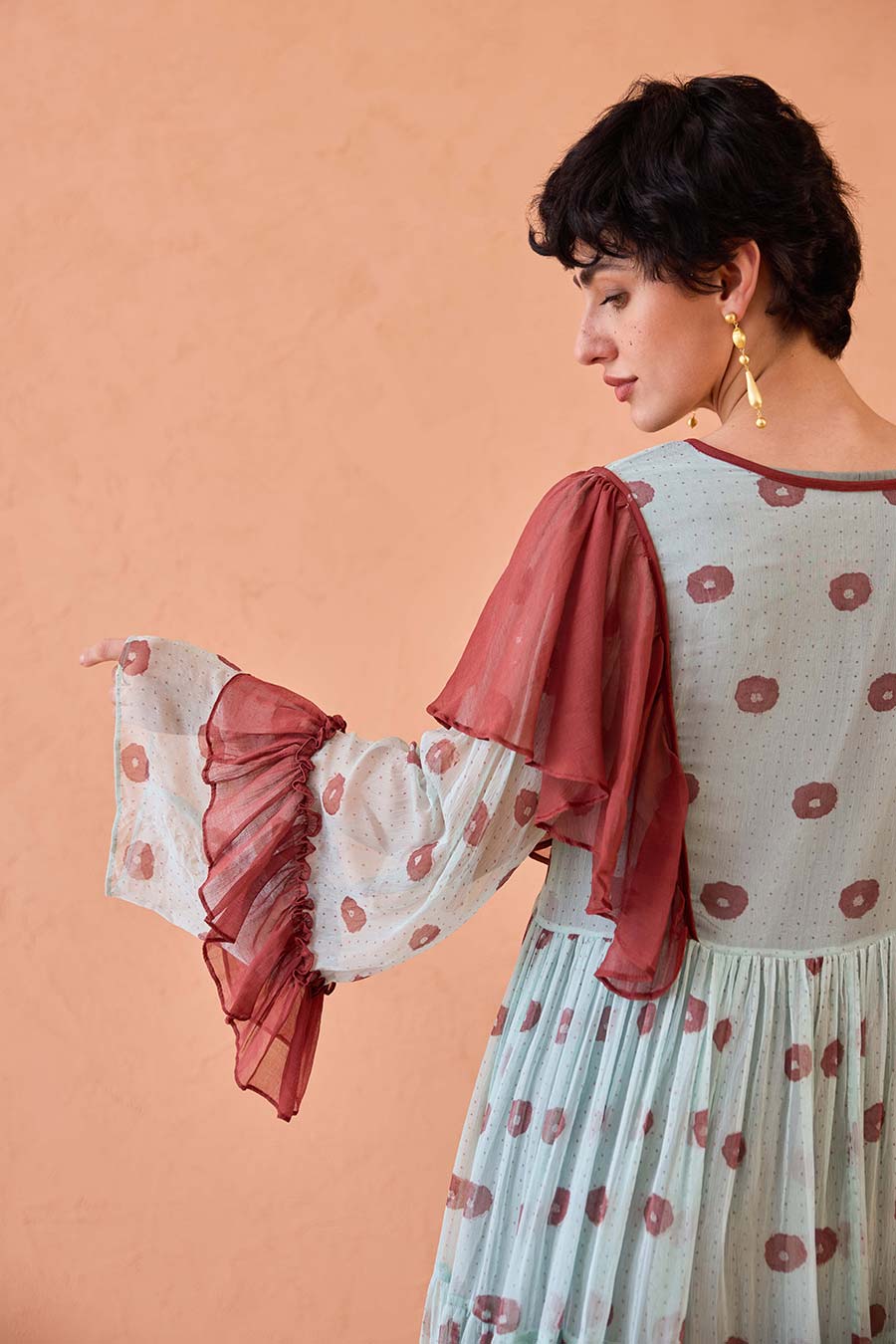 Green Wildflower Ruffles Handblock Chiffon Dress