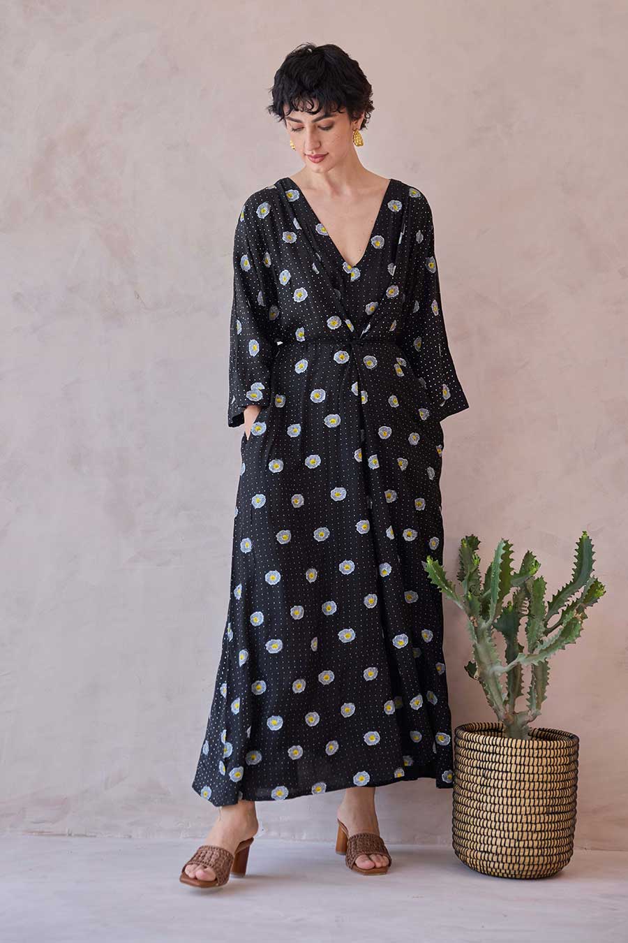 Black Daisy Drift Handblock Chanderi Kaftan Dress