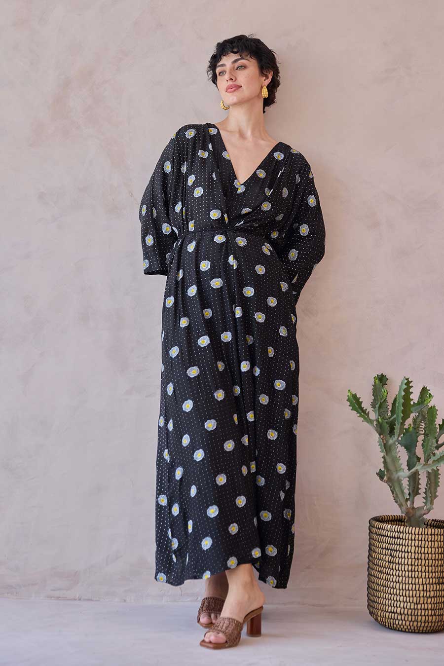 Black Daisy Drift Handblock Chanderi Kaftan Dress