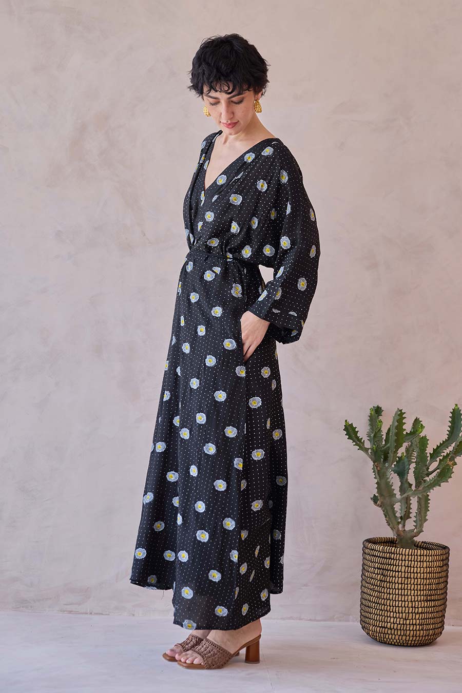 Black Daisy Drift Handblock Chanderi Kaftan Dress