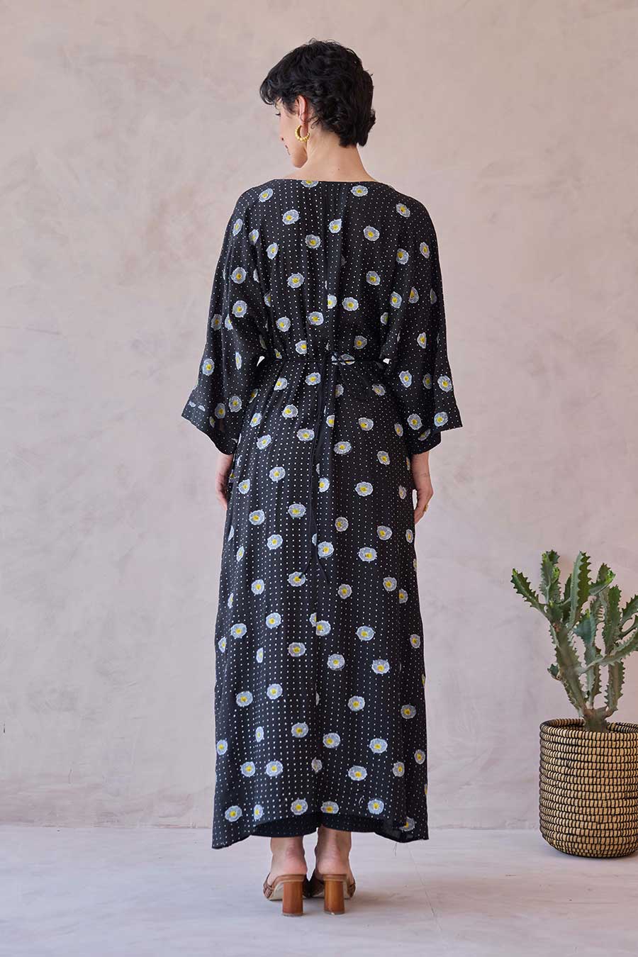 Black Daisy Drift Handblock Chanderi Kaftan Dress
