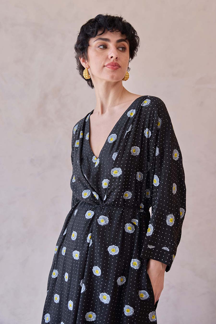 Black Daisy Drift Handblock Chanderi Kaftan Dress