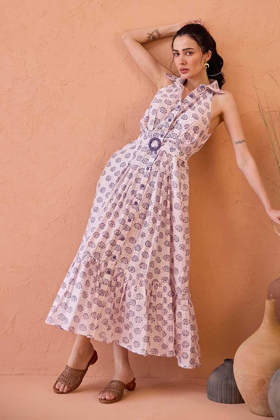 Lavender Fern Handblock Chanderi Silk Dress