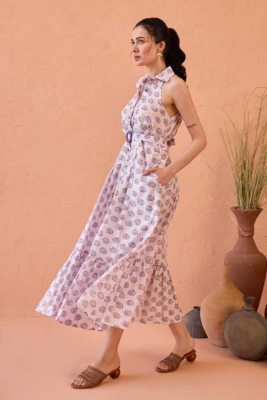 Lavender Fern Handblock Chanderi Silk Dress