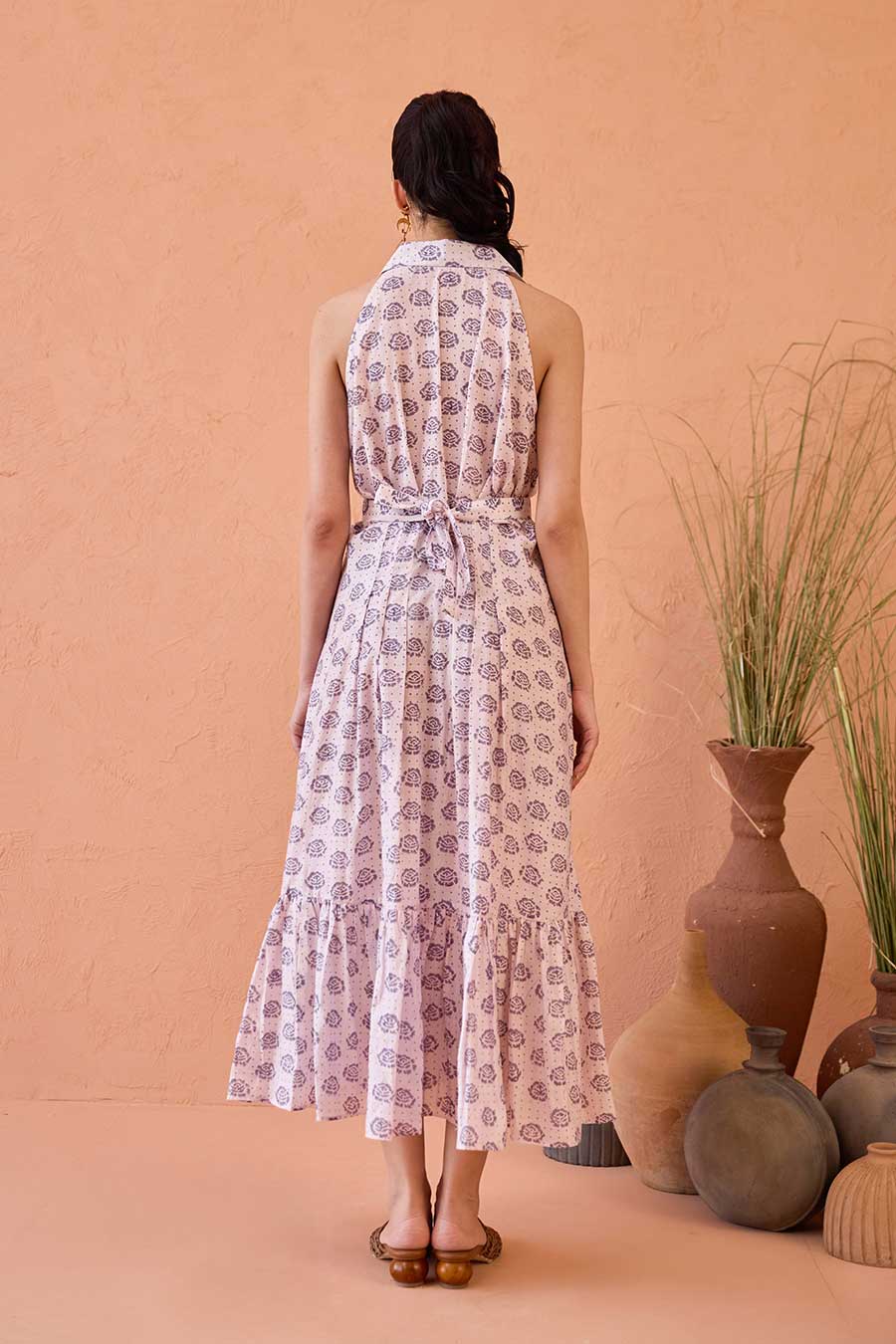 Lavender Fern Handblock Chanderi Silk Dress