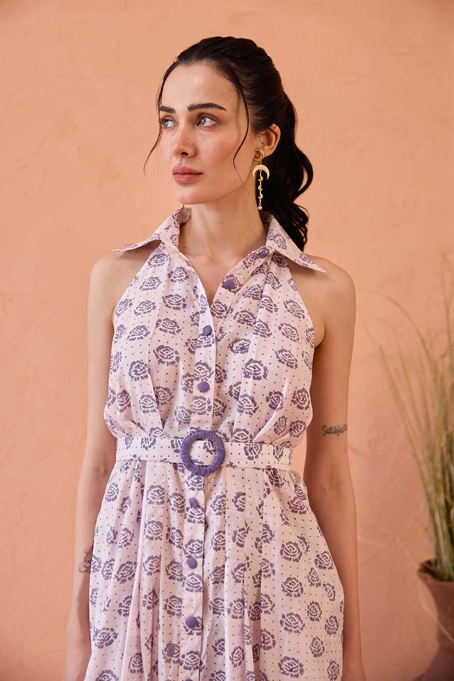Lavender Fern Handblock Chanderi Silk Dress