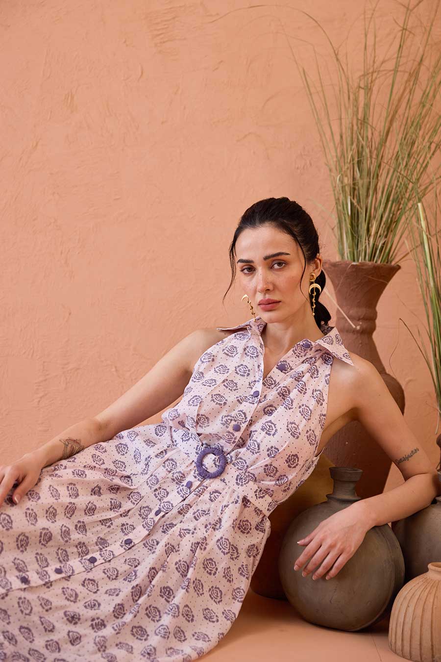 Lavender Fern Handblock Chanderi Silk Dress