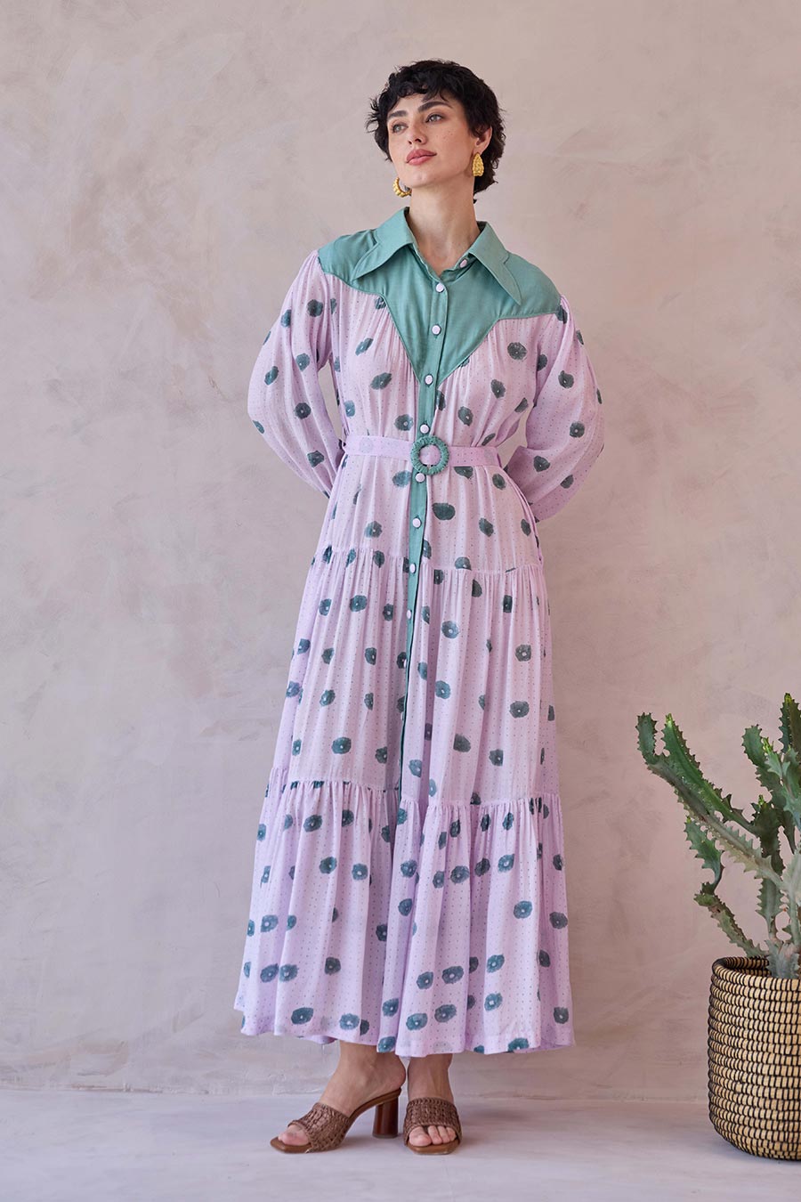 Lilac Dot Meadow Handblock Chanderi Silk Dress